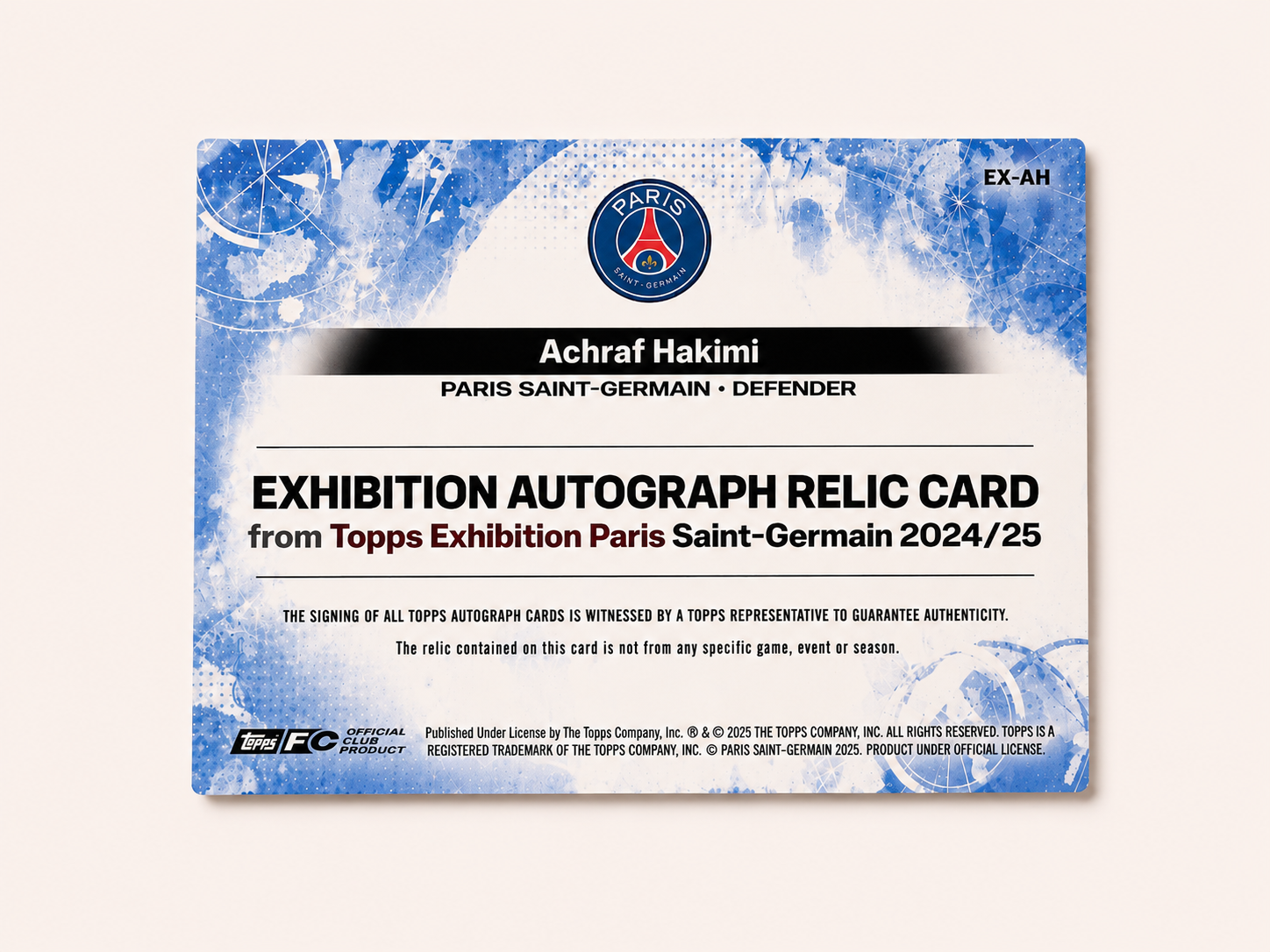 carte 2024 25 topps exhibition paris saint germain achraf hakimi auto /25 carte 2024 25 topps exhibition paris saint germain achraf hakimi auto /25